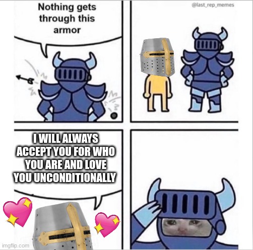 and i mean that from the bottom of my heart <3 | I WILL ALWAYS ACCEPT YOU FOR WHO YOU ARE AND LOVE YOU UNCONDITIONALLY | image tagged in knight armor,truth,crusader,wholesome | made w/ Imgflip meme maker