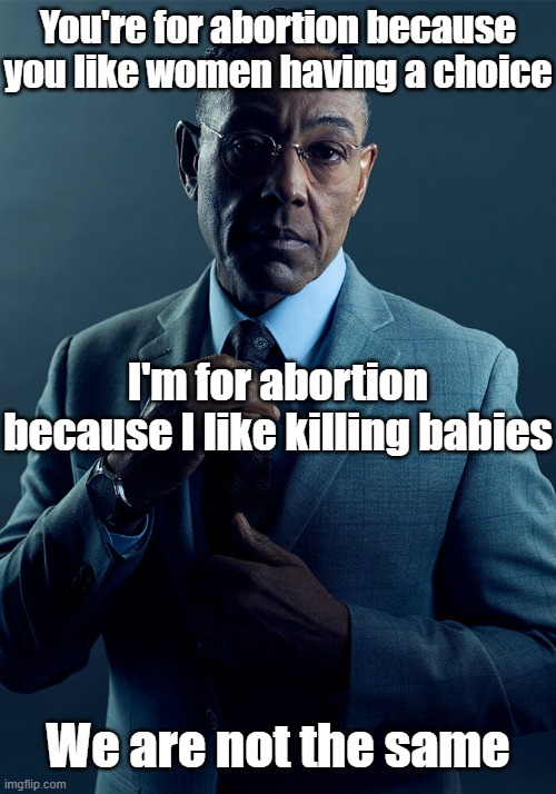 Gus Fring we are not the same | You're for abortion because you like women having a choice; I'm for abortion because I like killing babies; We are not the same | image tagged in gus fring we are not the same | made w/ Imgflip meme maker