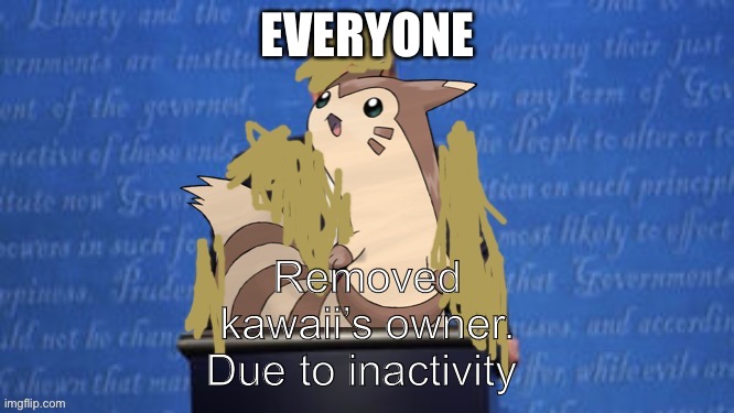 President Furret Fur Snax Announcement |  EVERYONE; Removed kawaii’s owner. Due to inactivity | image tagged in president furret fur snax announcement | made w/ Imgflip meme maker