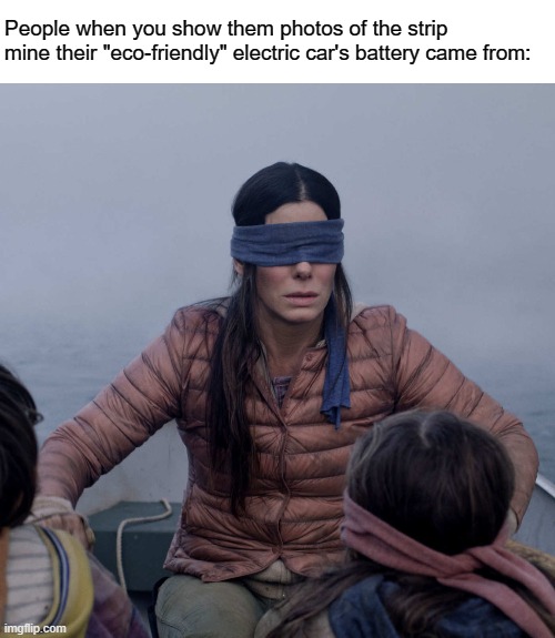 Bird Box Meme | People when you show them photos of the strip mine their "eco-friendly" electric car's battery came from: | image tagged in memes,bird box | made w/ Imgflip meme maker