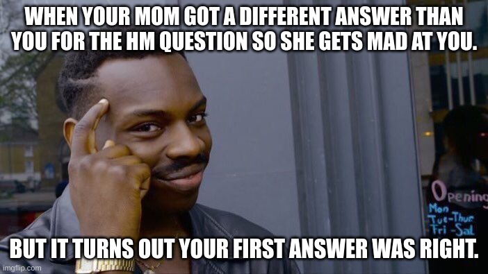 Roll Safe Think About It | WHEN YOUR MOM GOT A DIFFERENT ANSWER THAN YOU FOR THE HM QUESTION SO SHE GETS MAD AT YOU. BUT IT TURNS OUT YOUR FIRST ANSWER WAS RIGHT. | image tagged in memes,roll safe think about it | made w/ Imgflip meme maker