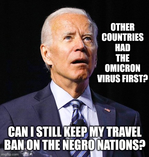 Joe Biden | OTHER COUNTRIES HAD THE OMICRON VIRUS FIRST? CAN I STILL KEEP MY TRAVEL BAN ON THE NEGRO NATIONS? | image tagged in joe biden | made w/ Imgflip meme maker