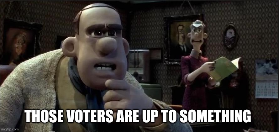 Those chickens are up to something | THOSE VOTERS ARE UP TO SOMETHING | image tagged in those chickens are up to something | made w/ Imgflip meme maker