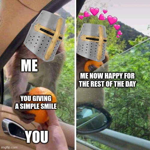 thank you <3 | ME; ME NOW HAPPY FOR THE REST OF THE DAY; YOU GIVING A SIMPLE SMILE; YOU | image tagged in monkey orange,wholesome,crusader | made w/ Imgflip meme maker