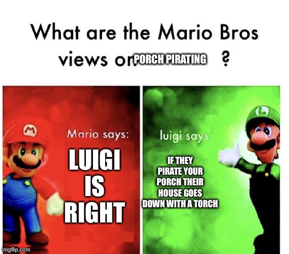 I agree with Luigi | PORCH PIRATING; IF THEY PIRATE YOUR PORCH THEIR HOUSE GOES DOWN WITH A TORCH; LUIGI IS RIGHT | image tagged in what are the mario bros views on | made w/ Imgflip meme maker