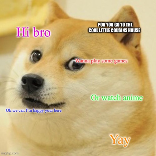 I have a cool one | POV YOU GO TO THE COOL LITTLE COUSINS HOUSE; Hi bro; Wanna play some games; Or watch anime; Ok we can I’m happy your here; Yay | image tagged in memes,doge,kermit the frog,cool,cousin | made w/ Imgflip meme maker