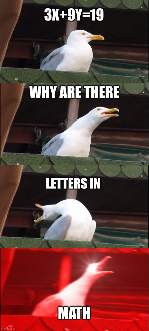 Math be like | 3X+9Y=19; WHY ARE THERE; LETTERS IN; MATH | image tagged in memes | made w/ Imgflip meme maker