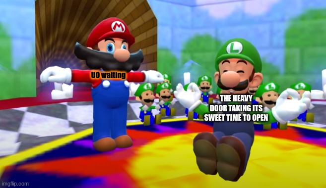 Mario interrupting Luigi | UO waiting THE HEAVY DOOR TAKING ITS SWEET TIME TO OPEN | image tagged in mario interrupting luigi | made w/ Imgflip meme maker