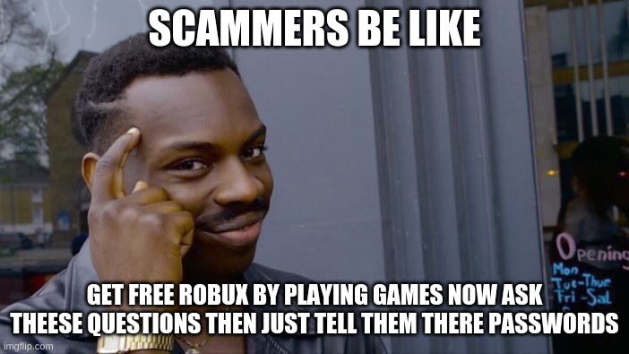 Roll Safe Think About It Meme | SCAMMERS BE LIKE; GET FREE ROBUX BY PLAYING GAMES NOW ASK THEESE QUESTIONS THEN JUST TELL THEM THERE PASSWORDS | image tagged in memes,roll safe think about it | made w/ Imgflip meme maker