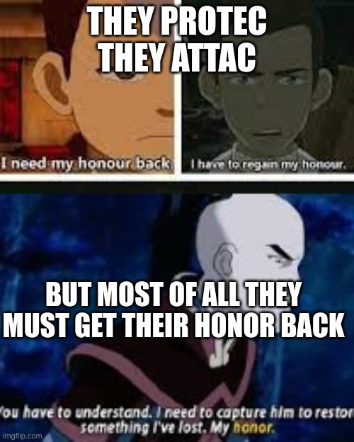 HAHAHA | THEY PROTEC
THEY ATTAC; BUT MOST OF ALL THEY MUST GET THEIR HONOR BACK | image tagged in honor,avatar the last airbender | made w/ Imgflip meme maker