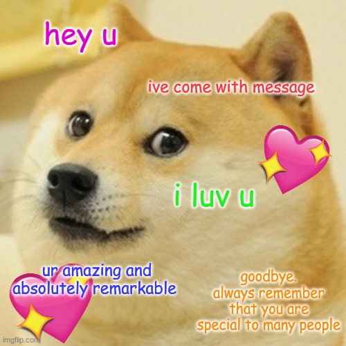 hey u <3 | hey u; ive come with message; i luv u; ur amazing and absolutely remarkable; goodbye. always remember that you are special to many people | image tagged in memes,doge,wholesome | made w/ Imgflip meme maker