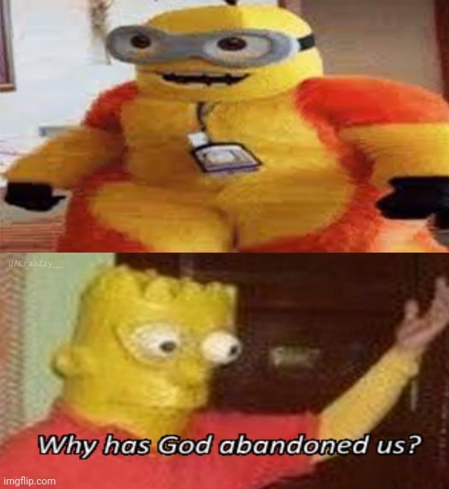 image tagged in minion furry,why has god abandoned us | made w/ Imgflip meme maker