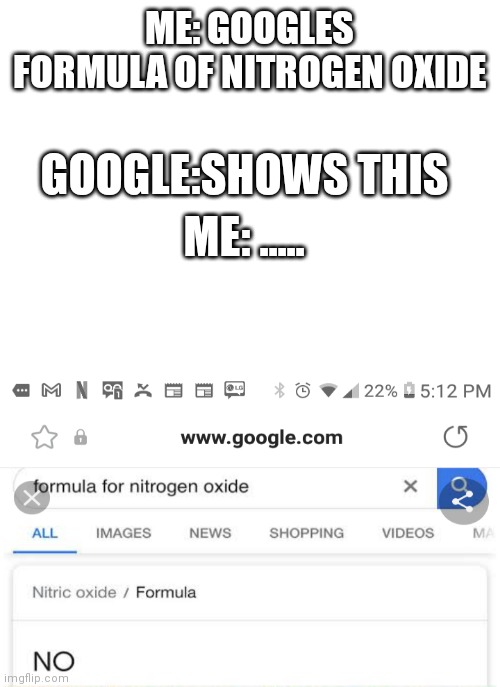 You had one job google.... | GOOGLE:SHOWS THIS; ME: GOOGLES FORMULA OF NITROGEN OXIDE; ME: ..... | image tagged in blank white template,my image | made w/ Imgflip meme maker
