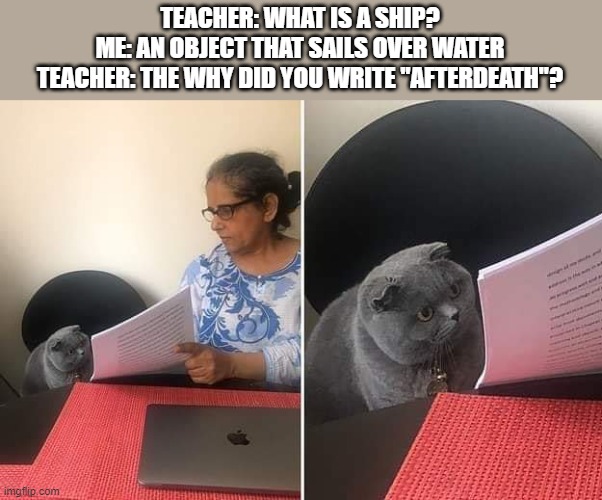 This is an Undertale reference lol | TEACHER: WHAT IS A SHIP?
ME: AN OBJECT THAT SAILS OVER WATER
TEACHER: THE WHY DID YOU WRITE "AFTERDEATH"? | image tagged in woman showing paper to cat | made w/ Imgflip meme maker