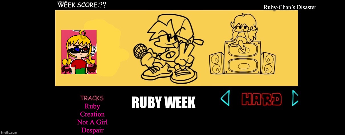 Ruby Week | ?? Ruby-Chan’s Disaster; RUBY WEEK; Ruby
Creation
Not A Girl
Despair | image tagged in fnf custom week | made w/ Imgflip meme maker