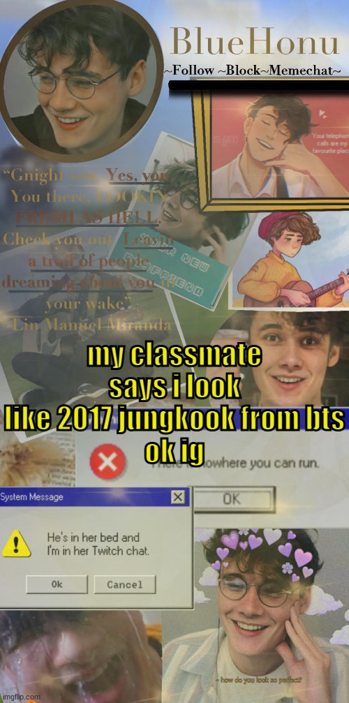 honu's  soft wilbur soot temp | my classmate says i look like 2017 jungkook from bts
ok ig | image tagged in honu's soft wilbur soot temp | made w/ Imgflip meme maker