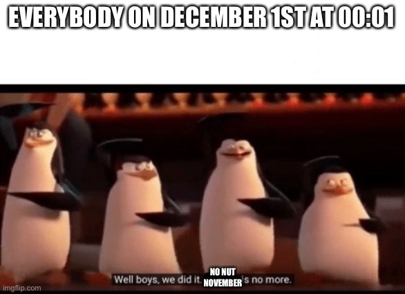 NNN | EVERYBODY ON DECEMBER 1ST AT 00:01; NO NUT NOVEMBER | image tagged in well boys we did it blank is no more | made w/ Imgflip meme maker