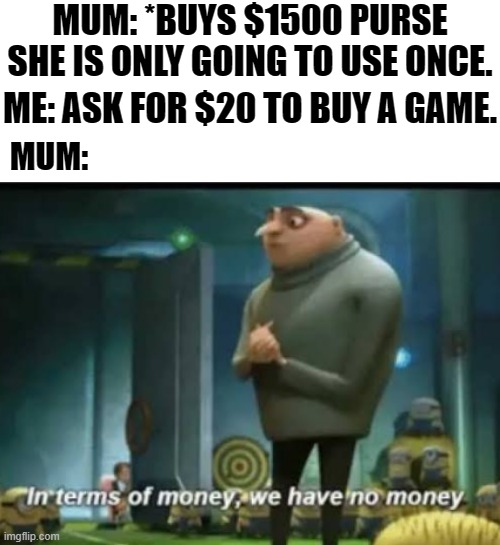 Money with Mum (I will delete this meme if it is a repost.) | MUM: *BUYS $1500 PURSE SHE IS ONLY GOING TO USE ONCE. ME: ASK FOR $20 TO BUY A GAME. MUM: | image tagged in in terms of money | made w/ Imgflip meme maker