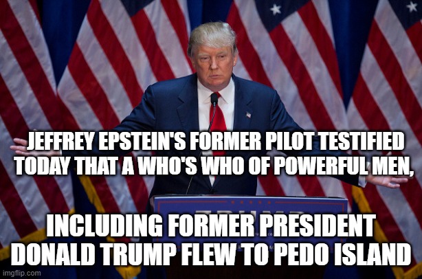 Donald Trump | JEFFREY EPSTEIN'S FORMER PILOT TESTIFIED TODAY THAT A WHO'S WHO OF POWERFUL MEN, INCLUDING FORMER PRESIDENT DONALD TRUMP FLEW TO PEDO ISLAND | image tagged in donald trump | made w/ Imgflip meme maker