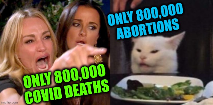 "only" | ONLY 800,000
ABORTIONS; ONLY 800,000
COVID DEATHS | image tagged in woman yelling at cat cropped,conservative hypocrisy,antivax,abortion,covid-19,memes | made w/ Imgflip meme maker
