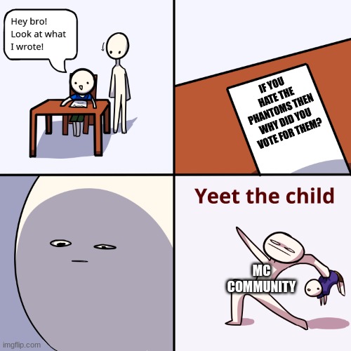 Yeet the child | IF YOU HATE THE PHANTOMS THEN WHY DID YOU VOTE FOR THEM? MC COMMUNITY | image tagged in yeet the child | made w/ Imgflip meme maker