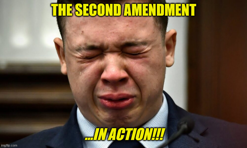 Kyle Rittenhouse crying | THE SECOND AMENDMENT; ...IN ACTION!!! | image tagged in kyle rittenhouse crying | made w/ Imgflip meme maker