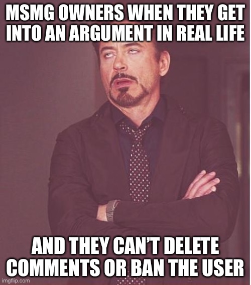 Face You Make Robert Downey Jr Meme | MSMG OWNERS WHEN THEY GET INTO AN ARGUMENT IN REAL LIFE; AND THEY CAN’T DELETE COMMENTS OR BAN THE USER | image tagged in memes,face you make robert downey jr | made w/ Imgflip meme maker