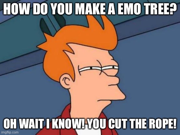 I’m sorry if this seemed dark to you or if you don’t get it. - doomguy | HOW DO YOU MAKE A EMO TREE? OH WAIT I KNOW! YOU CUT THE ROPE! | image tagged in memes,futurama fry | made w/ Imgflip meme maker