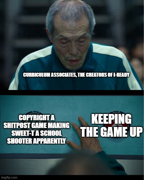 those who know, know. | CURRICULUM ASSOCIATES, THE CREATORS OF I-READY; KEEPING THE GAME UP; COPYRIGHT A SHITPOST GAME MAKING SWEET-T A SCHOOL SHOOTER APPARENTLY | image tagged in squid game | made w/ Imgflip meme maker