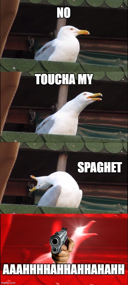 You toucha his spaghet oh no | NO; TOUCHA MY; SPAGHET; AAAHHHHAHHAHHAHAHH | image tagged in memes,inhaling seagull | made w/ Imgflip meme maker