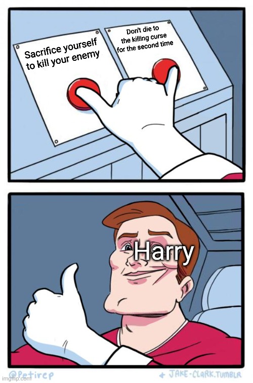 I was really confused reading this for the first time in third grade | Don't die to the killing curse for the second time; Sacrifice yourself to kill your enemy; Harry | image tagged in both buttons pressed | made w/ Imgflip meme maker