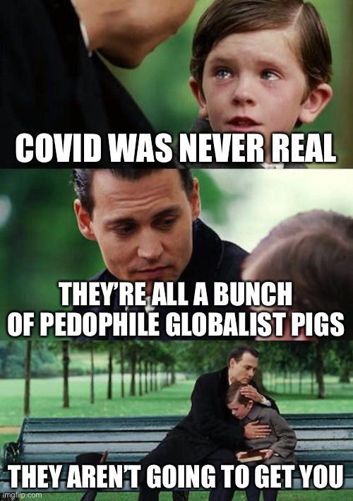 Corona Hoax | COVID WAS NEVER REAL; THEY’RE ALL A BUNCH OF PEDOPHILE GLOBALIST PIGS; THEY AREN’T GOING TO GET YOU | image tagged in memes,finding neverland | made w/ Imgflip meme maker