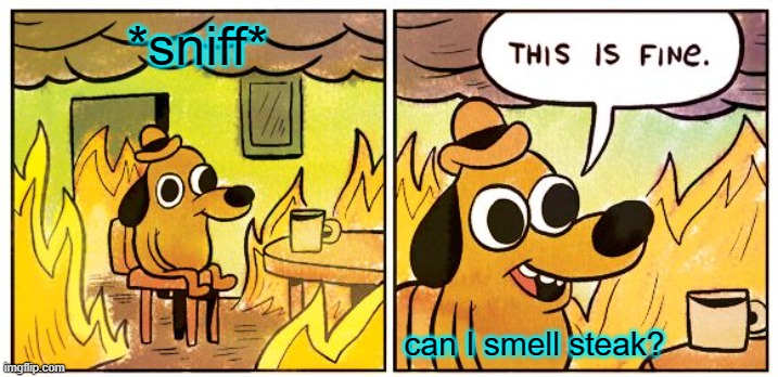 When my brother makes steak | *sniff*; can I smell steak? | image tagged in memes,this is fine | made w/ Imgflip meme maker