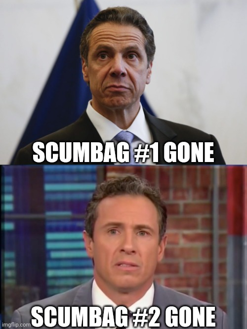 SCUMBAG #1 GONE; SCUMBAG #2 GONE | image tagged in andrew cuomo,fredo chris cuomo | made w/ Imgflip meme maker