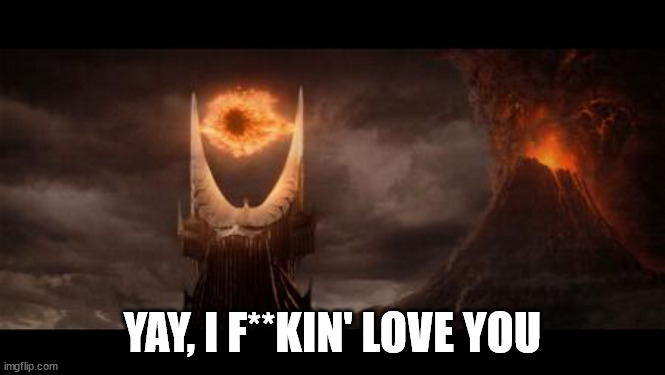 Eye Of Sauron Meme | YAY, I F**KIN' LOVE YOU | image tagged in memes,eye of sauron | made w/ Imgflip meme maker