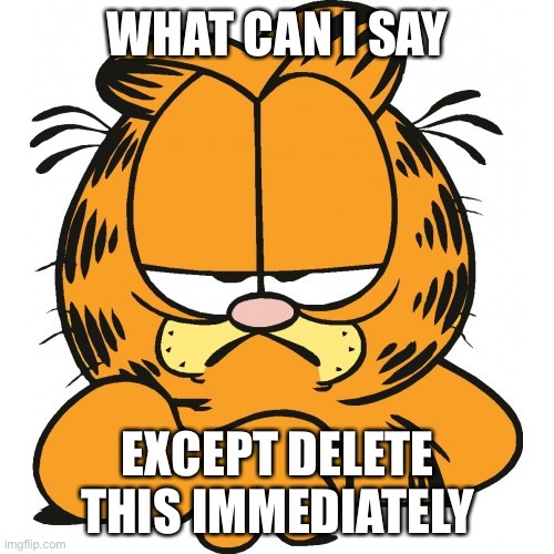 Delete this Garfield | WHAT CAN I SAY; EXCEPT DELETE THIS IMMEDIATELY | image tagged in garfield,what can i say except delete this,delete,grumpy cat | made w/ Imgflip meme maker