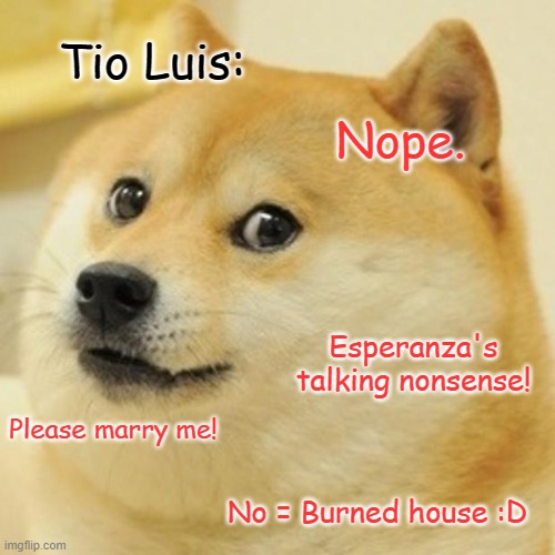 Esperanza Rising | Tio Luis:; Nope. Esperanza's talking nonsense! Please marry me! No = Burned house :D | image tagged in memes,doge,esperanza rising | made w/ Imgflip meme maker