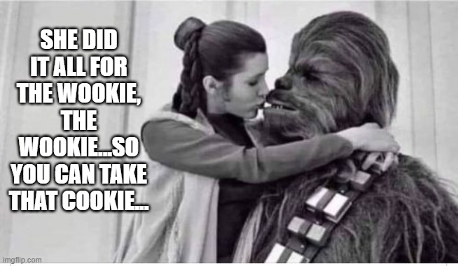 Not a Limp Wookie | SHE DID IT ALL FOR THE WOOKIE, THE WOOKIE...SO YOU CAN TAKE THAT COOKIE... | image tagged in chewbacca,princess leia | made w/ Imgflip meme maker