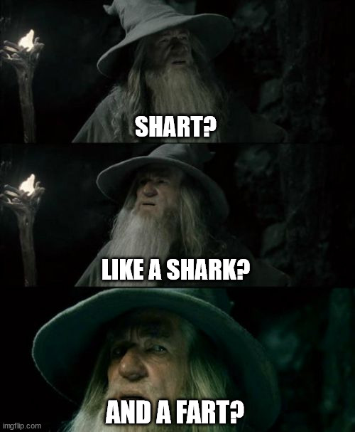 Confused Gandalf Meme | SHART? LIKE A SHARK? AND A FART? | image tagged in memes,confused gandalf | made w/ Imgflip meme maker