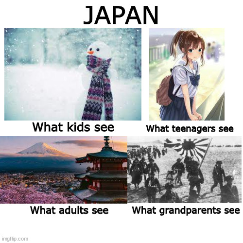 Japan!!!! | JAPAN; What kids see; What teenagers see; What grandparents see; What adults see | image tagged in memes,blank transparent square,funny,japan | made w/ Imgflip meme maker