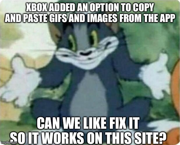 It’s kinda a big deal for the gaming stream. | XBOX ADDED AN OPTION TO COPY AND PASTE GIFS AND IMAGES FROM THE APP; CAN WE LIKE FIX IT SO IT WORKS ON THIS SITE? | image tagged in tom shrugging | made w/ Imgflip meme maker