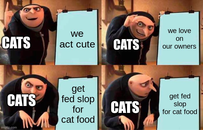 Gru's Plan | we act cute; we love on our owners; CATS; CATS; get fed slop for cat food; get fed slop for cat food; CATS; CATS | image tagged in memes,gru's plan | made w/ Imgflip meme maker