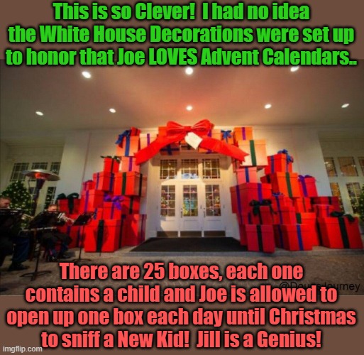 This is so Clever!  I had no idea the White House Decorations were set up to honor that Joe LOVES Advent Calendars.. There are 25 boxes, each one contains a child and Joe is allowed to open up one box each day until Christmas to sniff a New Kid!  Jill is a Genius! | image tagged in biden christmas | made w/ Imgflip meme maker