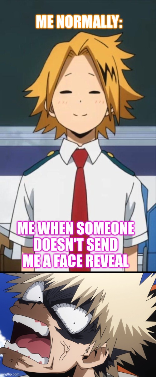 Yes | ME NORMALLY:; ME WHEN SOMEONE DOESN'T SEND ME A FACE REVEAL | image tagged in bakugo's what did you say | made w/ Imgflip meme maker