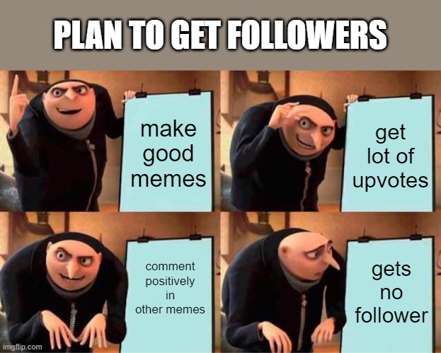 plan little success | PLAN TO GET FOLLOWERS; make good memes; get lot of upvotes; comment positively in other memes; gets no follower | image tagged in memes,gru's plan | made w/ Imgflip meme maker