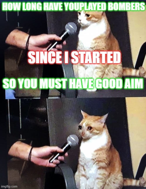 Interview Cat | HOW LONG HAVE YOUPLAYED BOMBERS; SINCE I STARTED; SO YOU MUST HAVE GOOD AIM | image tagged in interview cat | made w/ Imgflip meme maker