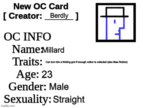 I finally gave him an age | Berdly; Millard; Can turn into a fricking god if enough cotton is collected (also likes Roblox); 23; Male; Straight | made w/ Imgflip meme maker