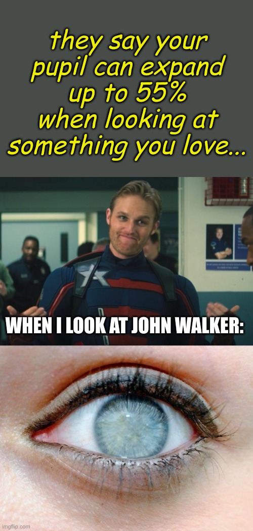 He's a doofus idiot arrogant trash bag and that's just from episode 2 | they say your pupil can expand up to 55% when looking at something you love... WHEN I LOOK AT JOHN WALKER: | image tagged in falcon and the winter soldier u s agent 2,john walker,agent usa,the falcon and the winter soldier,tfatws,marvel | made w/ Imgflip meme maker