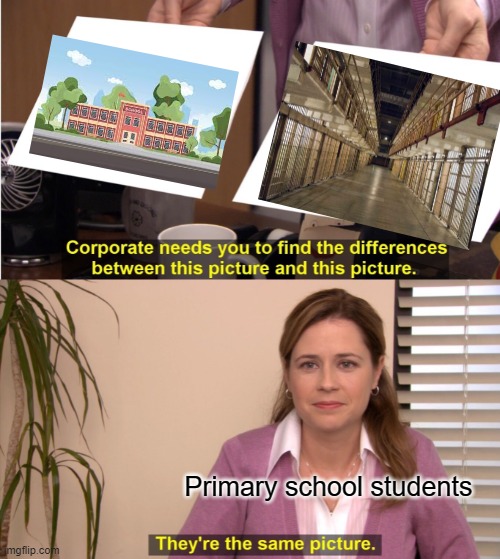Prison = school | Primary school students | image tagged in memes,they're the same picture | made w/ Imgflip meme maker