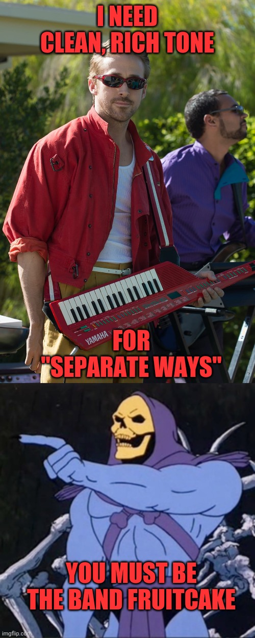 Skeletor says it like it is | I NEED CLEAN, RICH TONE; FOR "SEPARATE WAYS"; YOU MUST BE THE BAND FRUITCAKE | image tagged in keytar,fruitcake,lgbtqrs tuv wxyz | made w/ Imgflip meme maker